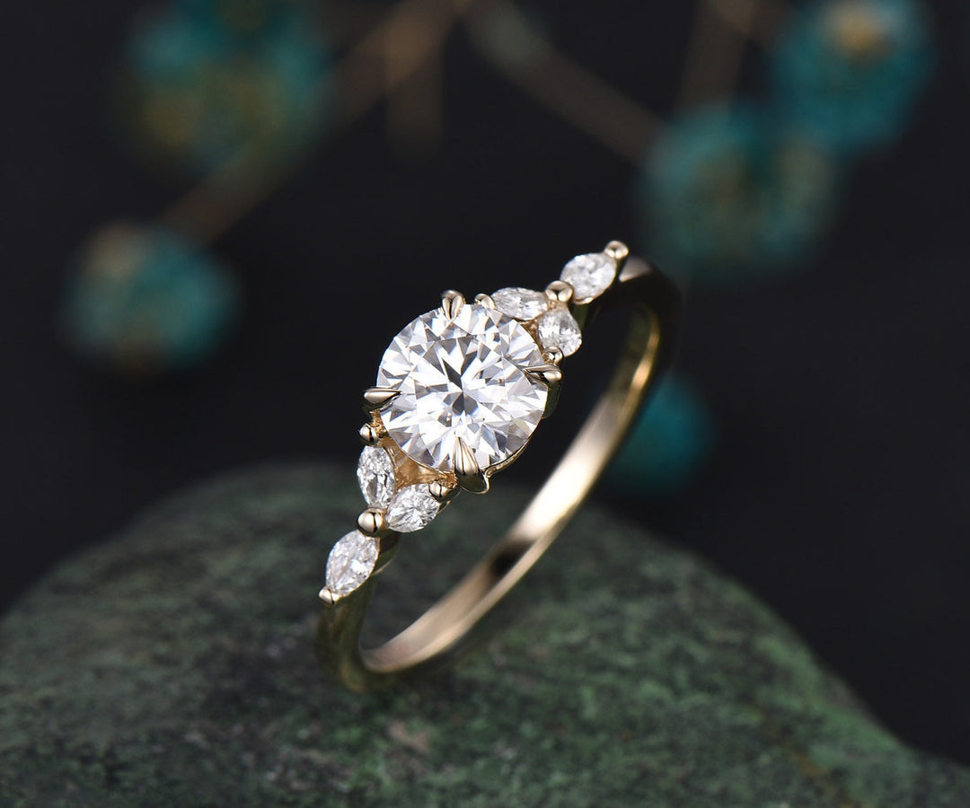 1ct round cut IGI lab-grown diamond engagement ring gold marquise cut diamond-accented unique promise anniversary ring gifts