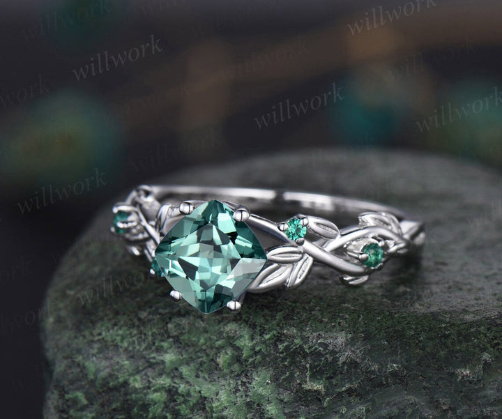 Twig cushion cut green sapphire engagement ring 14k white gold five stone emerald ring vintage retro gemstone leaf wedding ring women gift