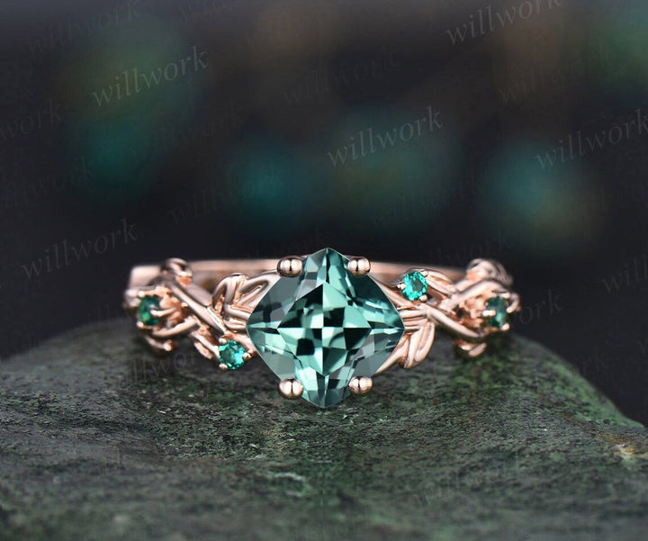 Twig cushion cut green sapphire engagement ring 14k white gold five stone emerald ring vintage retro gemstone leaf wedding ring women gift