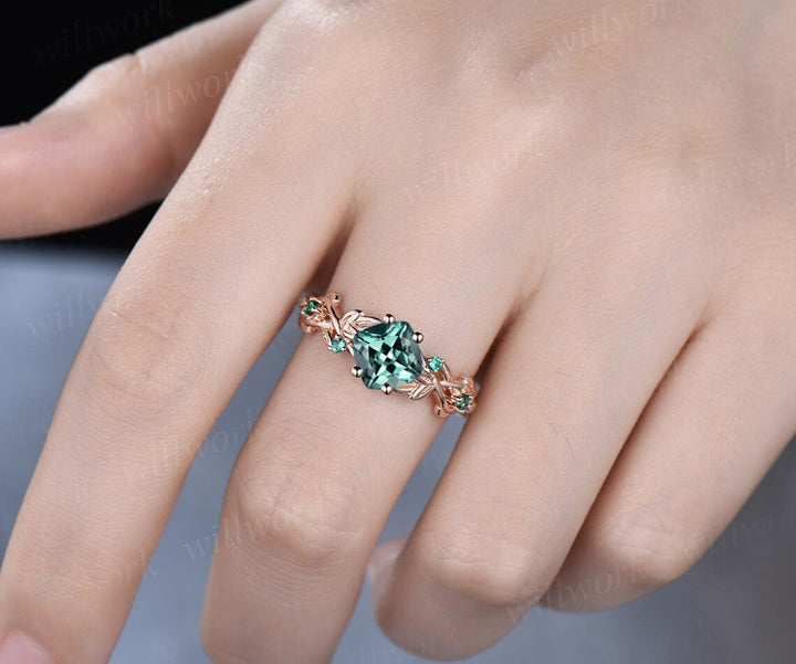 Twig cushion cut green sapphire engagement ring 14k white gold five stone emerald ring vintage retro gemstone leaf wedding ring women gift