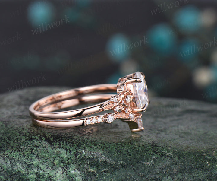 Oval cut moissanite ring vintage rose gold leaf floral nature inspired engagement ring women art deco cluster diamond bridal ring set gift