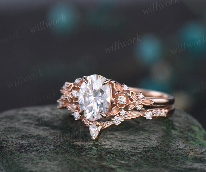 Oval cut moissanite ring vintage rose gold leaf floral nature inspired engagement ring women art deco cluster diamond bridal ring set gift
