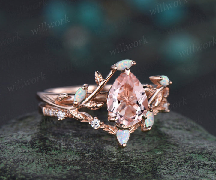 Vintage pear shaped morganite engagement ring 14k rose gold nature inspired leaf opal stacking bridal anniversary ring set women