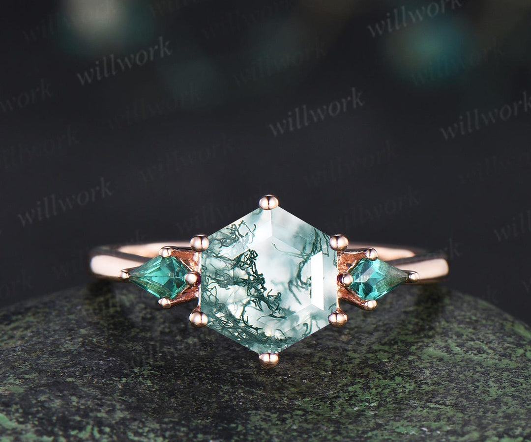 Hexagon cut moss agate engagement ring kite emerald three stone ring kite alexandrite enhancer wedding bridal ring set