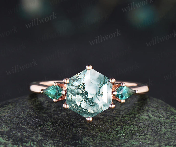 Hexagon cut moss agate engagement ring kite emerald three stone ring kite alexandrite enhancer wedding bridal ring set