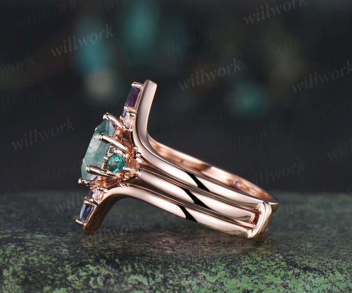 Hexagon cut moss agate engagement ring kite emerald three stone ring kite alexandrite enhancer wedding bridal ring set