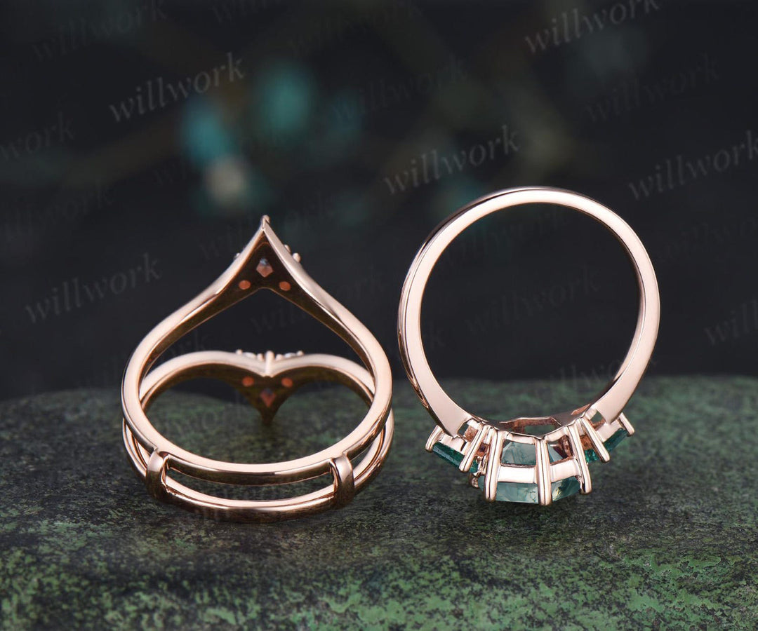 Hexagon cut moss agate engagement ring kite emerald three stone ring kite alexandrite enhancer wedding bridal ring set
