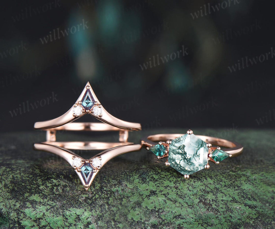 Hexagon cut moss agate engagement ring kite emerald three stone ring kite alexandrite enhancer wedding bridal ring set