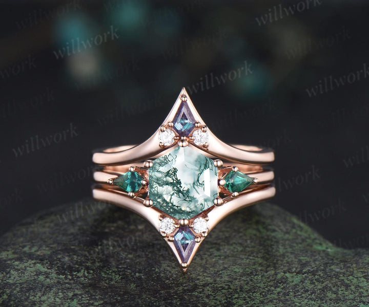 Hexagon cut moss agate engagement ring kite emerald three stone ring kite alexandrite enhancer wedding bridal ring set