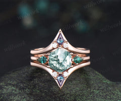 Hexagon cut moss agate engagement ring kite emerald three stone ring kite alexandrite enhancer wedding bridal ring set