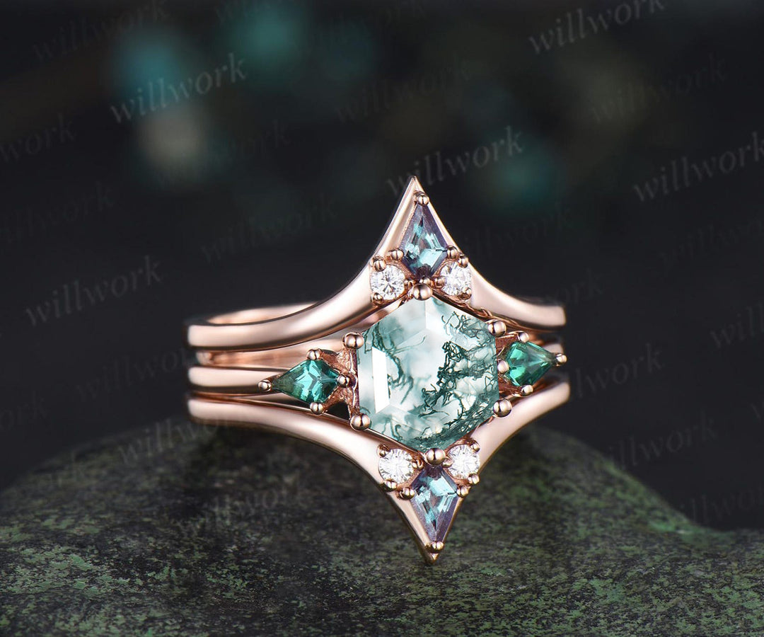 Hexagon cut moss agate engagement ring kite emerald three stone ring kite alexandrite enhancer wedding bridal ring set
