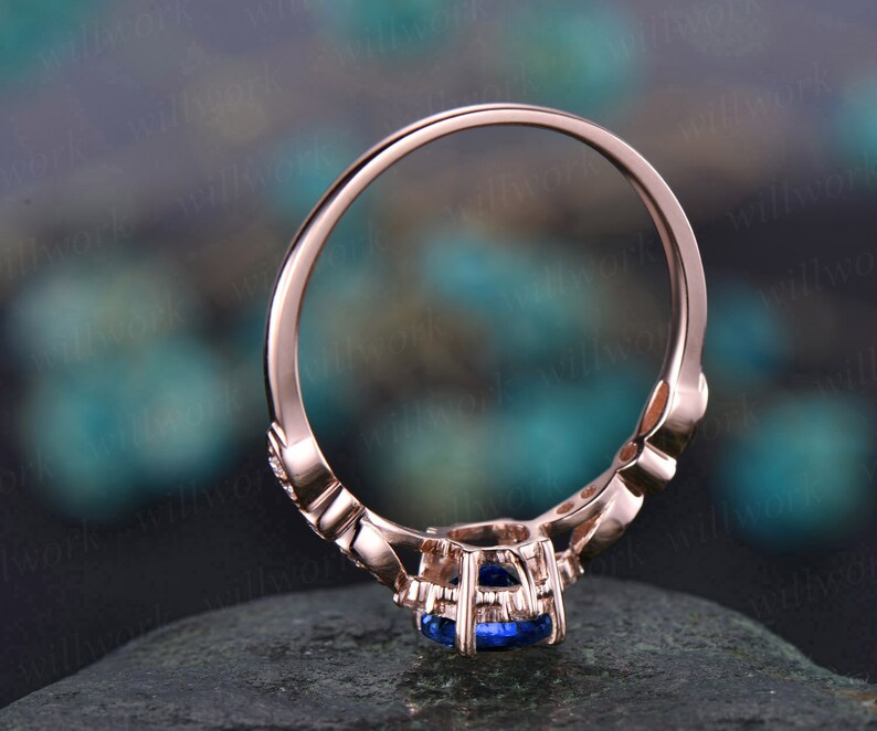 Art deco blue sapphire ring gold vintage sapphire engagement ring 14k rose gold diamond ring unique design for women wedding bridal ring
