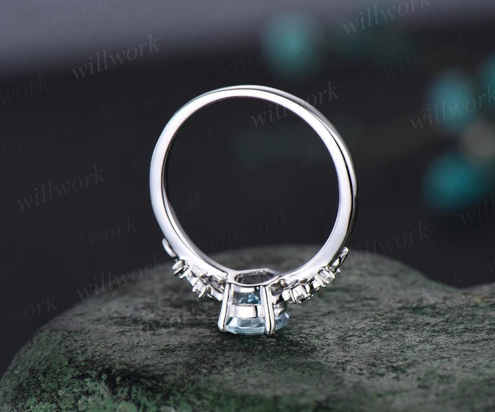 Vintage pear aquamarine engagement ring rose gold leaf flower sapphire ring women unique cluster diamond retro bridal wedding ring set gift