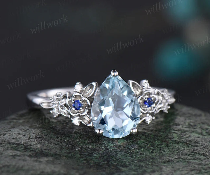 Vintage pear aquamarine engagement ring rose gold leaf flower sapphire ring women unique cluster diamond retro bridal wedding ring set gift