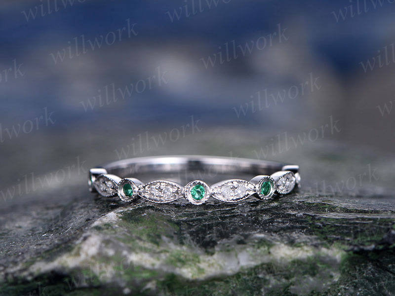 Natural emerald wedding ring band half eternity diamond wedding band 14k rose gold art deco marquise engagement May birthstone promise ring