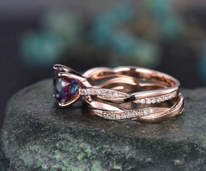Vintage unique engagement ring 2pcs Alexandrite engagement ring set 14k rose gold full eternity diamond ring promise bridal wedding ring set
