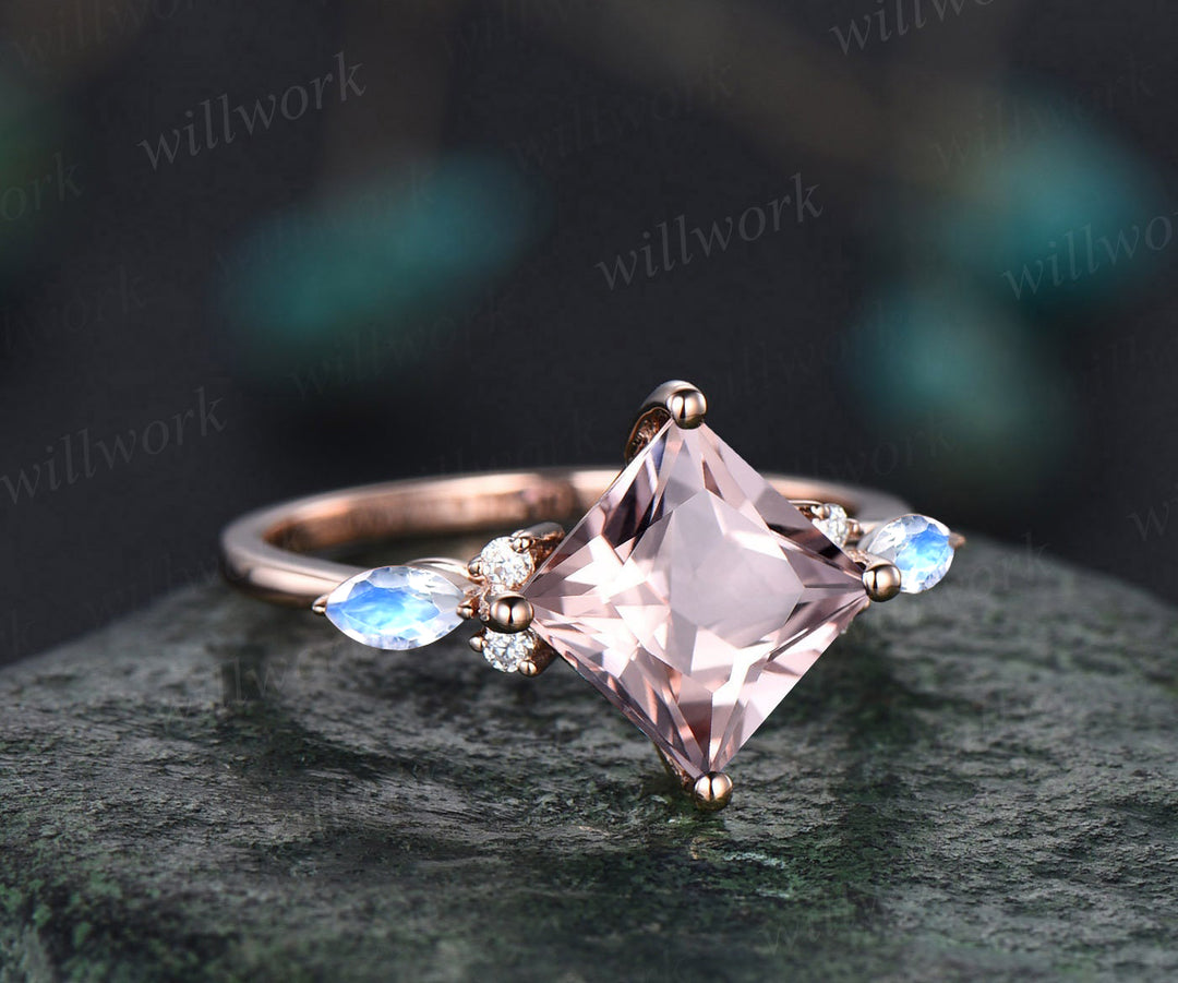 Vintage princess cut morganite engagement ring set rose gold deco