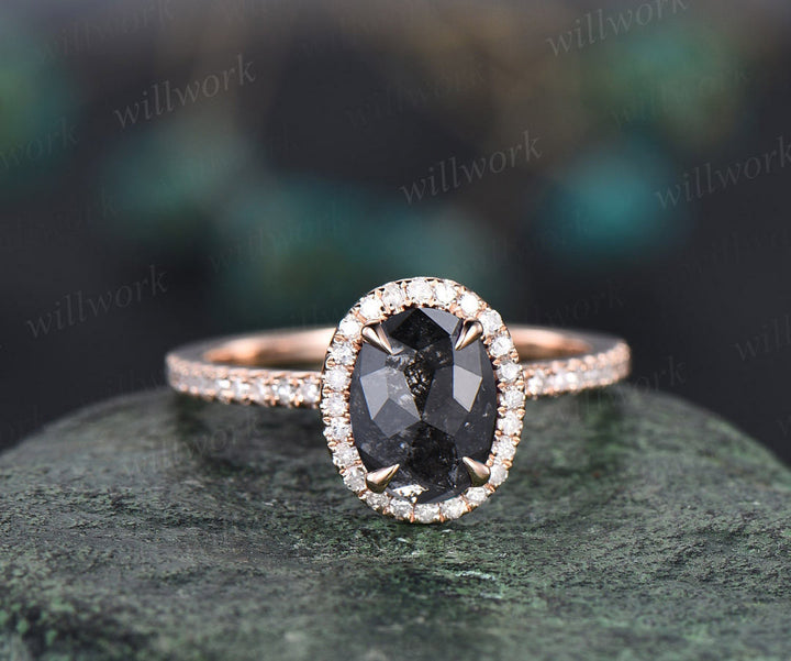Vintage Unique oval cut salt and pepper diamond engagement ring set halo diamond art deco bridal wedding ring set for women