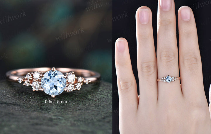 Dainty round aquamarine ring gold vintage aquamarine engagement ring white gold unique snowdrift engagement ring diamond ring women gifts