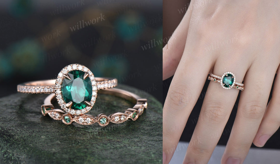 Emerald ring vintage unique oval emerald engagement ring set rose gold halo diamond ring for women marquise milgrain wedding ring set band