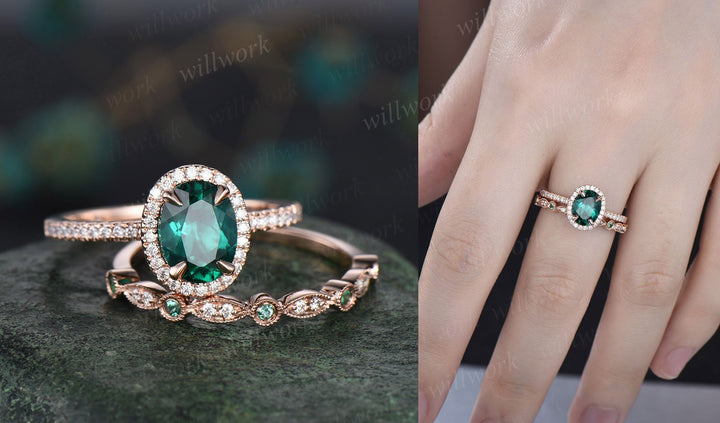 Emerald ring vintage unique oval emerald engagement ring set rose gold halo diamond ring for women marquise milgrain wedding ring set band