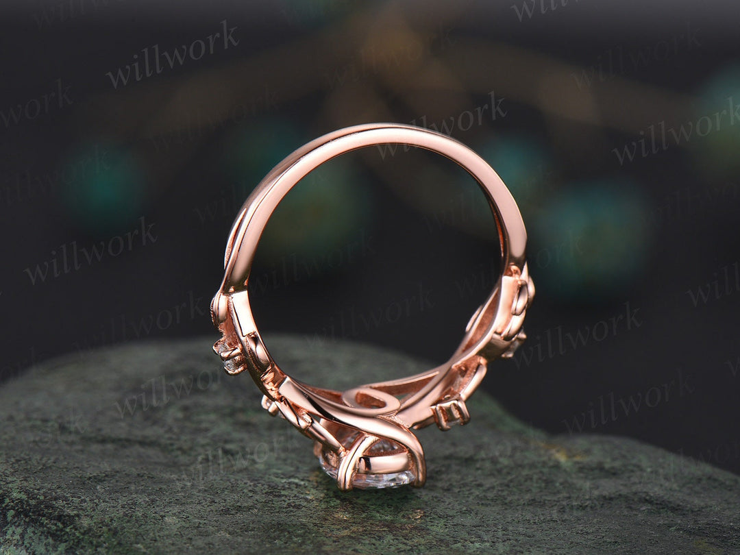 Twig pear shaped Alexandrite engagement ring set rose gold five stone leaf branch Nature inspired ring diamond wedding ring set women gift