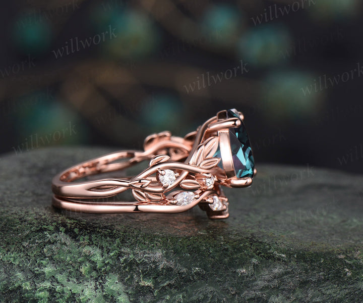 Twig pear shaped Alexandrite engagement ring set rose gold five stone leaf branch Nature inspired ring diamond wedding ring set women gift