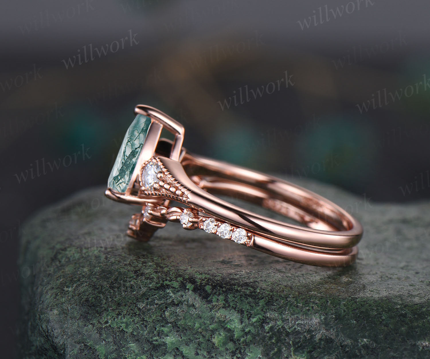 Pear Shape Natural Moss Agate Bridal Set Leaf Engagement Ring Rose Gold Vintage Unique Solitaire Rings Leaves Wedding Band Anniversary 2024 Gift