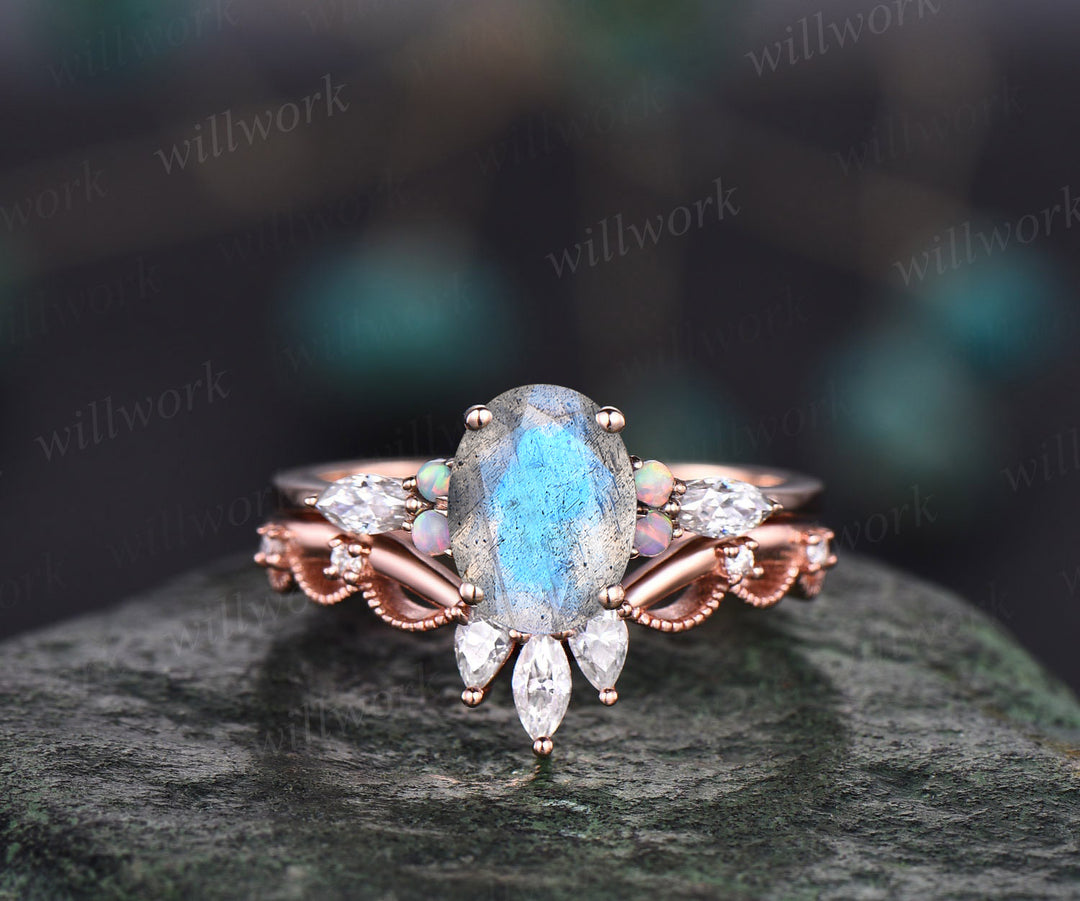 Vintage oval blue labradorite engagement ring set opal marquise moissanite five stones ring crown moissanite wedding band rose gold bridal set gifts for women