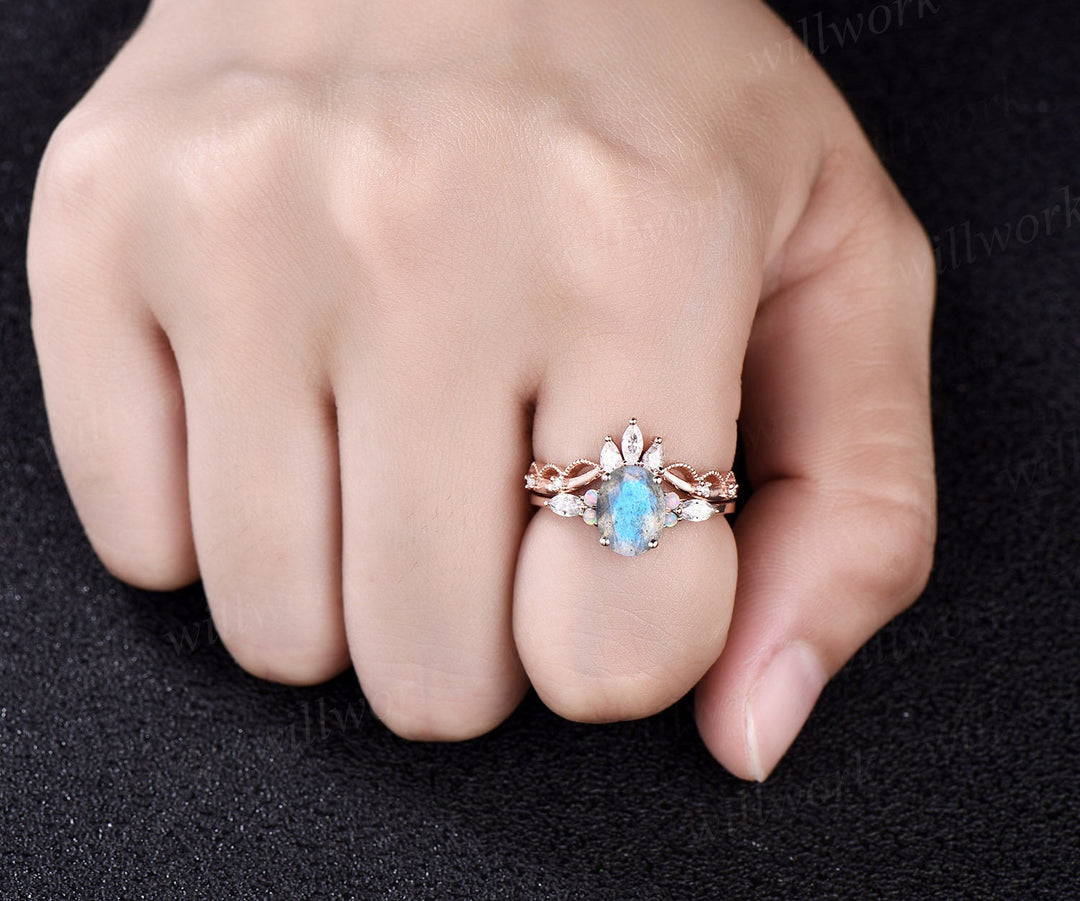 Vintage oval blue labradorite engagement ring set opal marquise moissanite five stones ring crown moissanite wedding band rose gold bridal set gifts for women