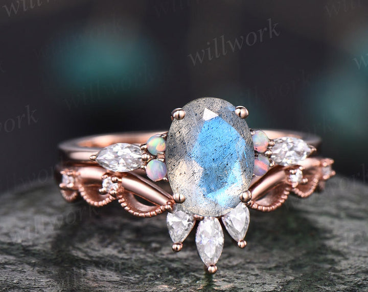Vintage oval blue labradorite engagement ring set opal marquise moissanite five stones ring crown moissanite wedding band rose gold bridal set gifts for women