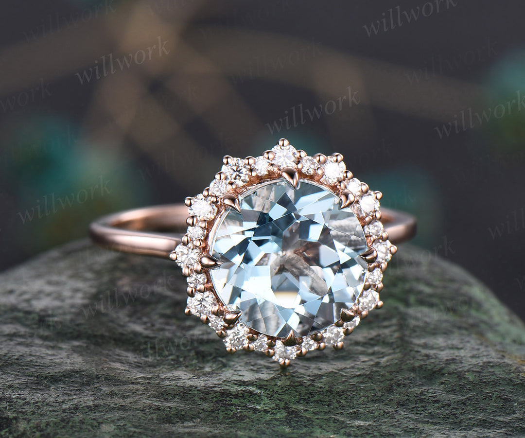 2ct Round aquamarine ring vintage aquamarine engagement ring 14k rose gold halo snowdrift moissanite unique wedding anniversary ring women