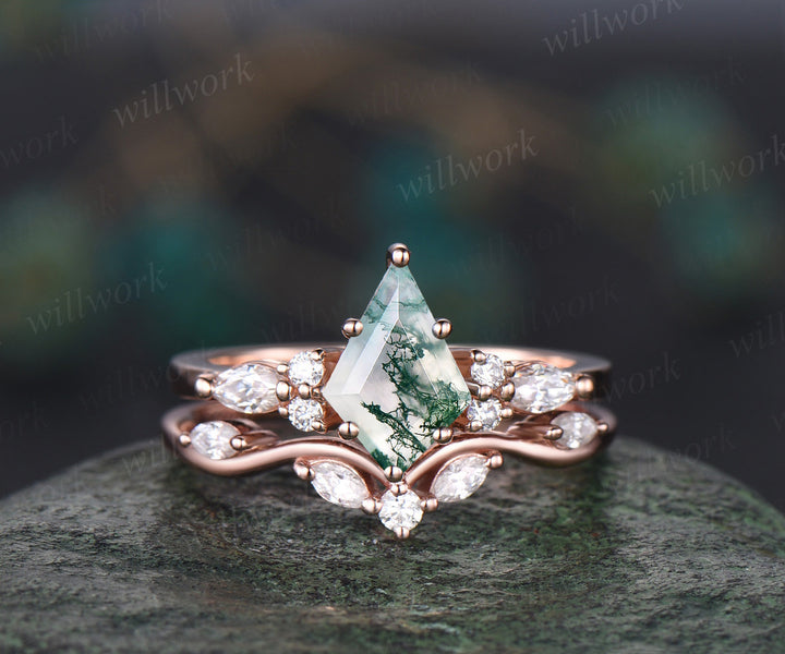 Kite cut green moss agate engagement ring 14k rose gold marquise cut ring diamond opal ring women unique anniversary ring set jewelry gift