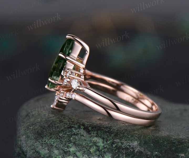 8x11mm kite cut Alexandrite ring solid 14k rose gold unique Alexandrite engagement ring set emerald diamond promise bridal ring set women