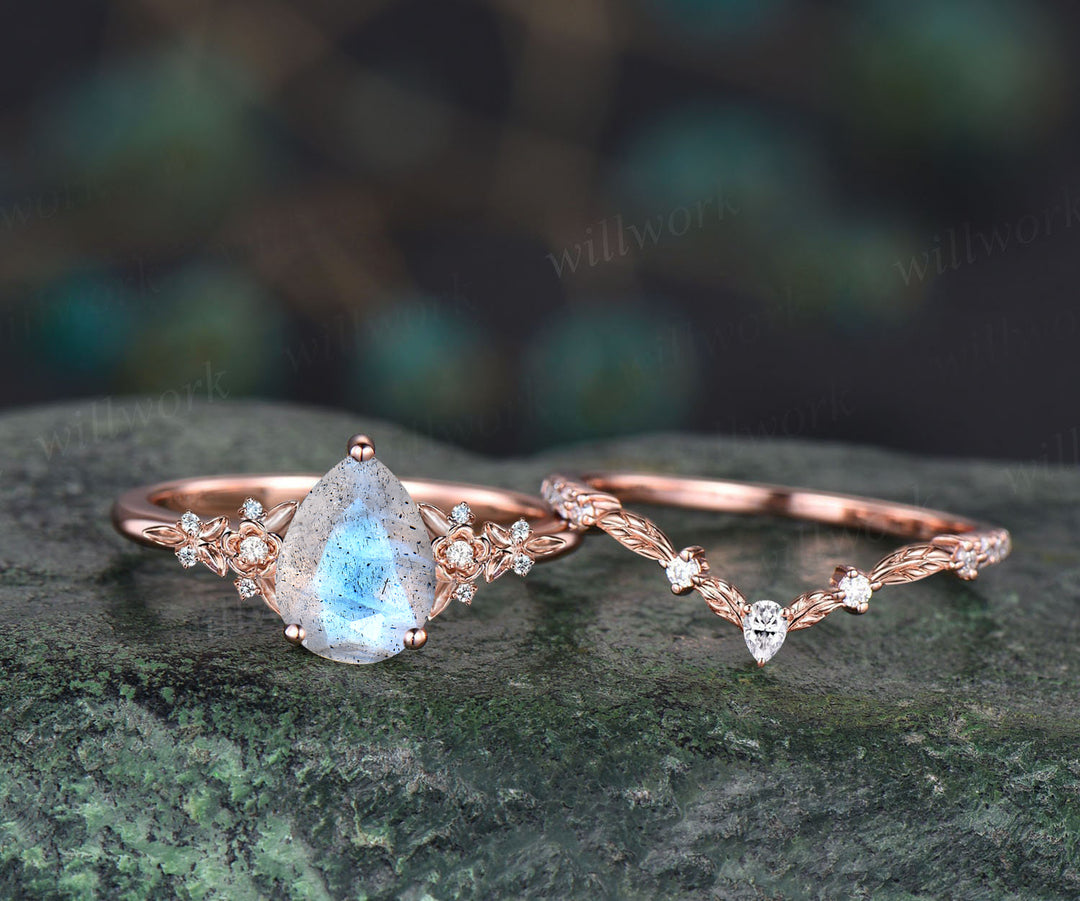 Vintage pear blue labradorite engagement ring rose gold twig leaf floral antique unique cluster moissanite bridal wedding ring set natural inspired ring