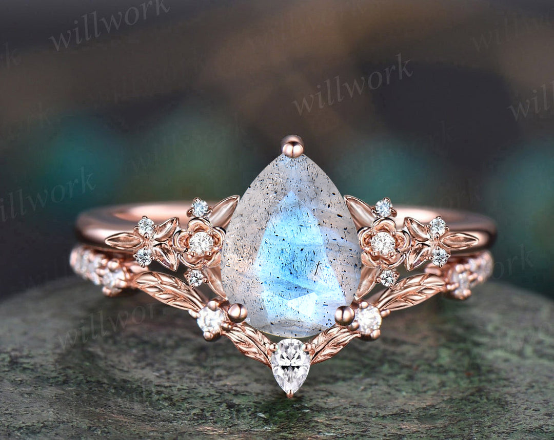 Vintage pear blue labradorite engagement ring rose gold twig leaf