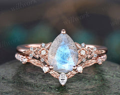 Vintage pear blue labradorite engagement ring rose gold twig leaf floral antique unique cluster moissanite bridal wedding ring set natural inspired ring