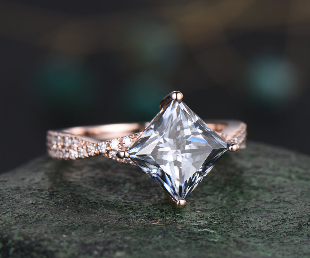 Vintage unique princess cut gray moissanite engagement ring set rose gold stacking twisted diamond promise bridal wedding ring set women