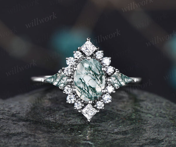 Ready to Ship oval moss agate engagement ring sterling silver size 6.5 US