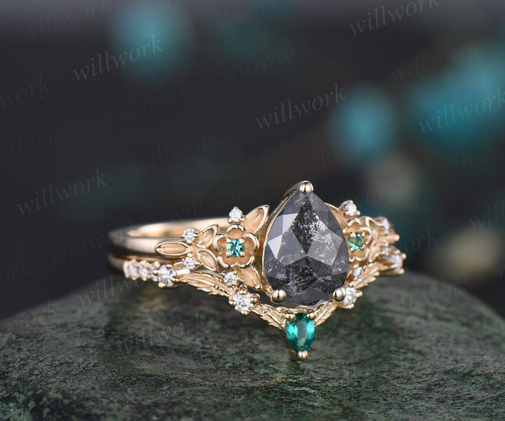 Vintage pear salt and pepper diamond engagement ring leaf flower emerald ring women unique cluster diamond bridal wedding ring set gift