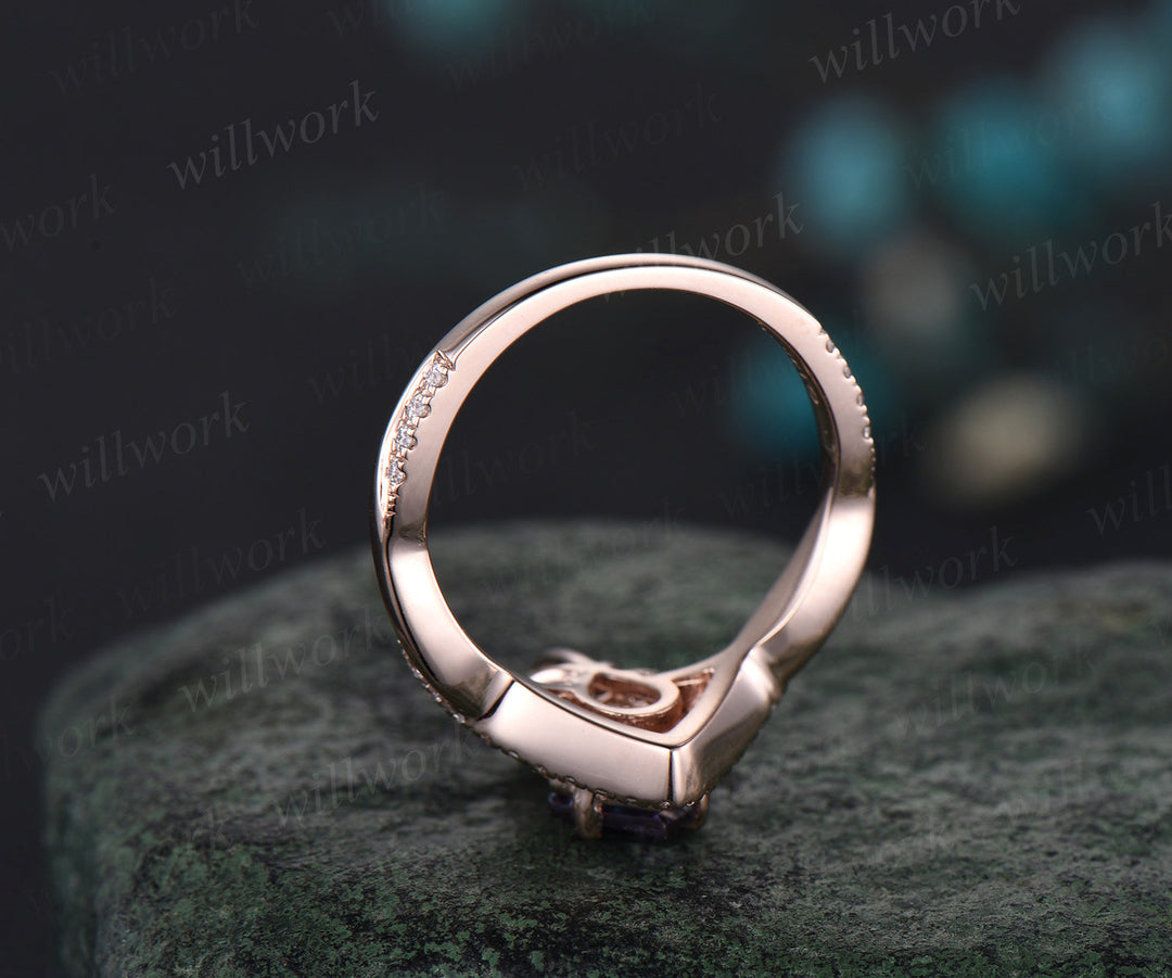 Vintage kite alexandrite engagement ring set 14k rose gold art deco emerald ring women twisted eternity halo diamond bridal promise ring