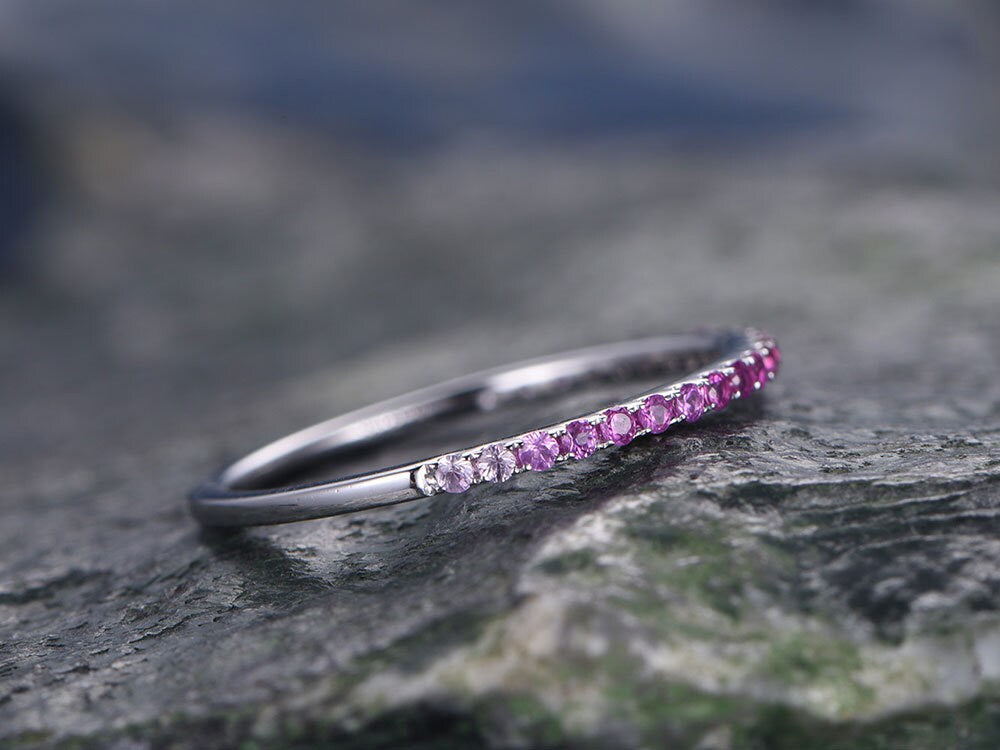 Pink Sapphire wedding ring-solid 14k white gold-handmade petite ring-half eternity- 1.2mm Matching band-tiny stones promise ring-best gift