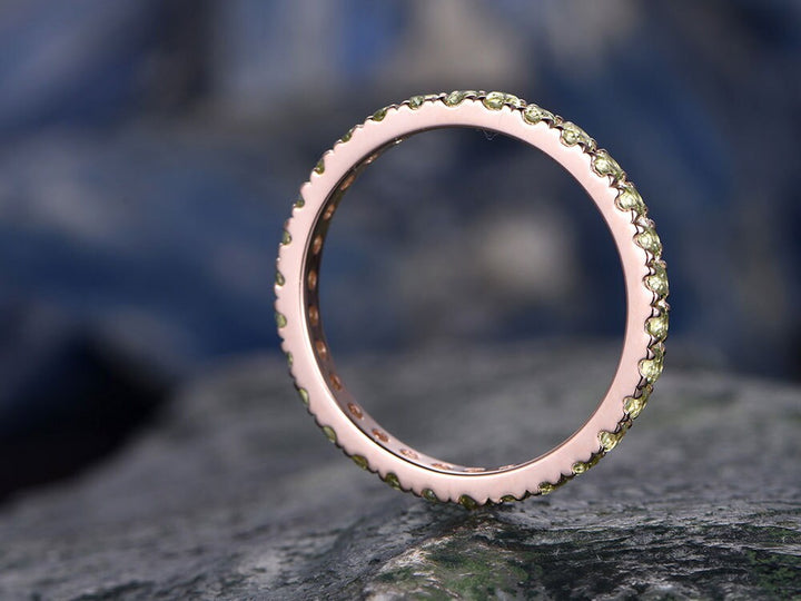 Natural Peridot wedding ring-Solid 14k rose gold-handmade Fine ring-Full eternity band-2mm Matching band-birthstone promise ring