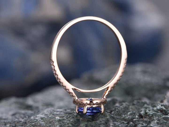 Blue Tanzanite engagement ring-Solid 14k rose gold-handmade diamond ring-Halo stacking band-6x8mm Oval cut gemstone promise ring