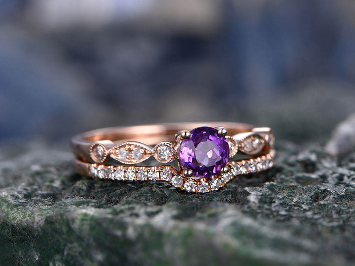 Amethyst Wedding Ring Set-Solid 14k rose gold-handmade diamond Engagement ring-Curved stacking band-5mm Round cut gemstone Bridal ring Set