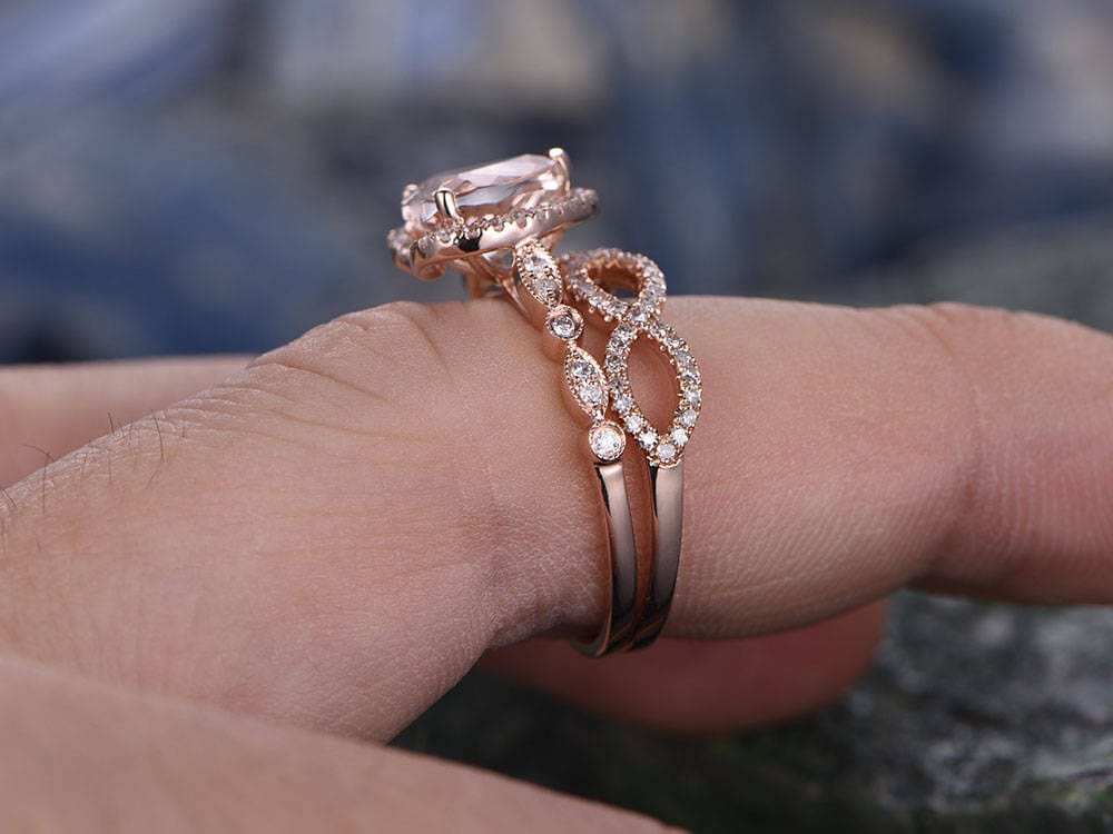 Morganite engagement ring-handmade Solid 14k Rose gold ring-Real Floral Diamond band-Heart shaped Cut gemstone promise ring-Bridal Ring set