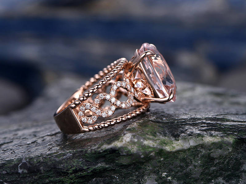 10x12mm Big Oval Morganite engagement ring- Solid 14k Rose gold  anniversary ring-Solitaire Stacking band- art deco floral promise ring
