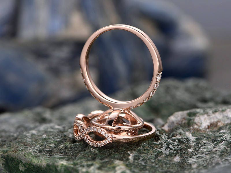 2pcs tear dropped morganite engagement ring set 14k rose gold matching band diamond halo big gift wedding bridal promise ring set for her