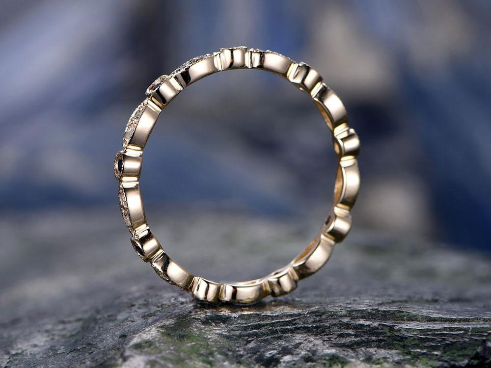 Blue Sapphire wedding ring-solid 14k Yellow gold-handmade petite diamond ring-Full eternity- Matching band-tiny stones Bezel Mircro Pave