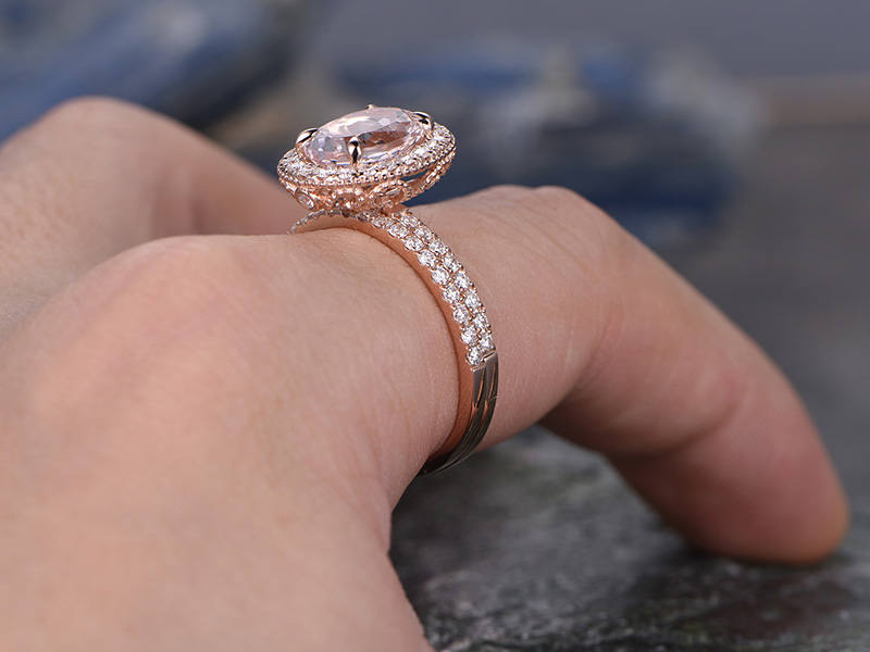 3pc Halo cluster moissanite ring natural emerald ring pink morganite engagement ring rose gold matching wedding band vintage bridal ring set